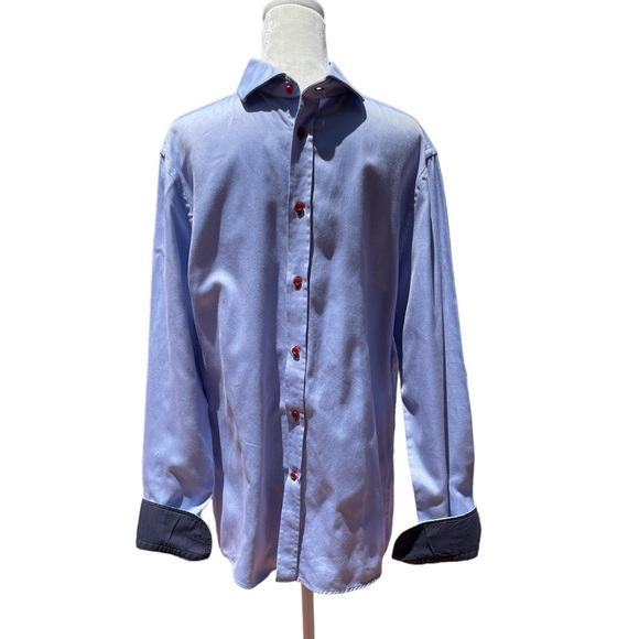 H&M Men's Long Sleeve Shirt Blue with Red Buttons Medium - Picture 4 of 11